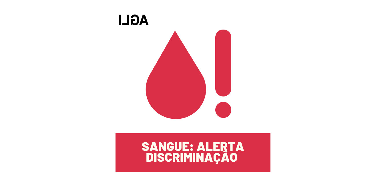 Gota de sangue com ponto de exclamação, alertando para a discriminação na doação de sangue por parte de homens gays e bissexuais